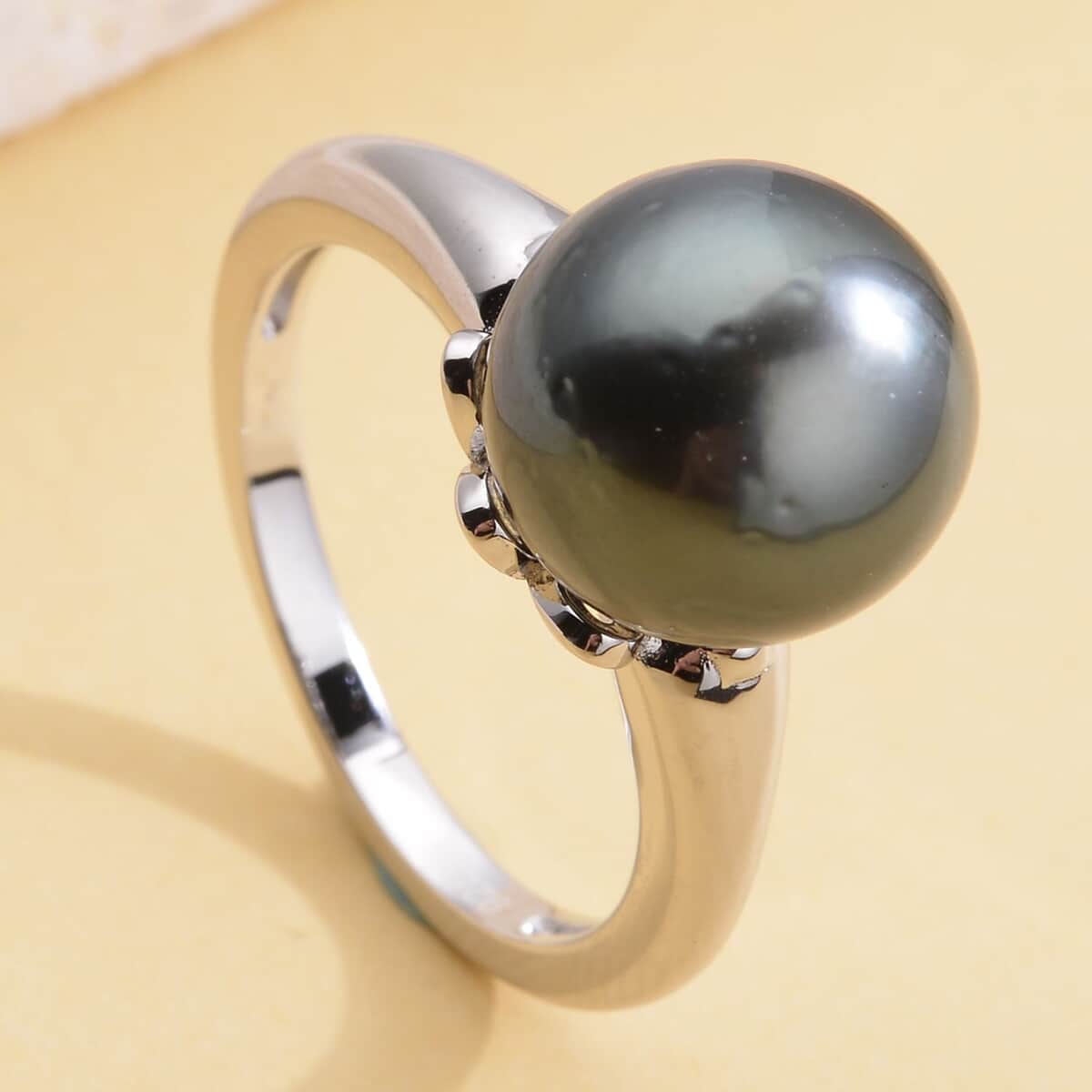 Tahitian Cultured Pearl and Solitaire Ring in Platinum Over Sterling Silver (Size 10.0) image number 1