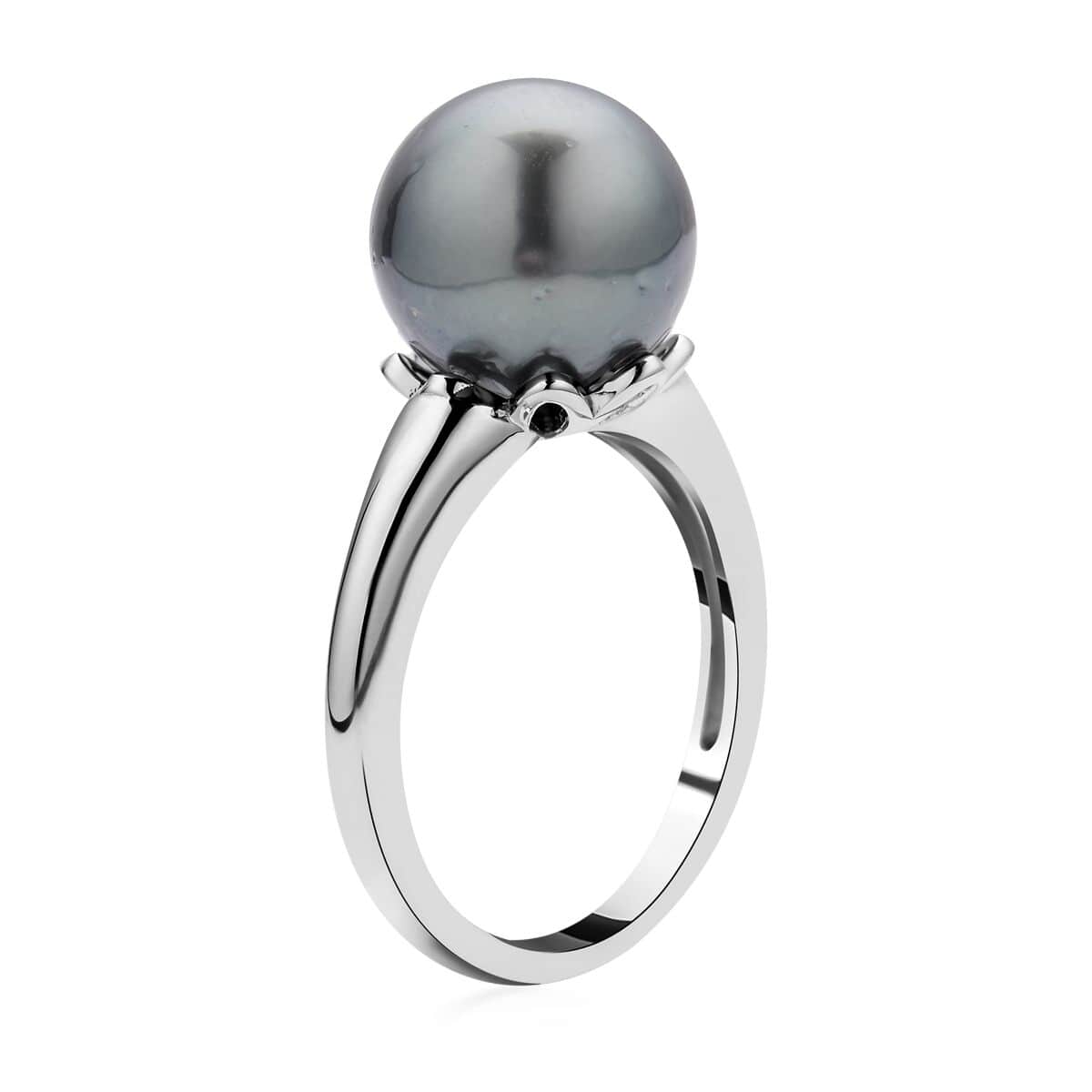 Tahitian Cultured Pearl and Solitaire Ring in Platinum Over Sterling Silver (Size 10.0) image number 3