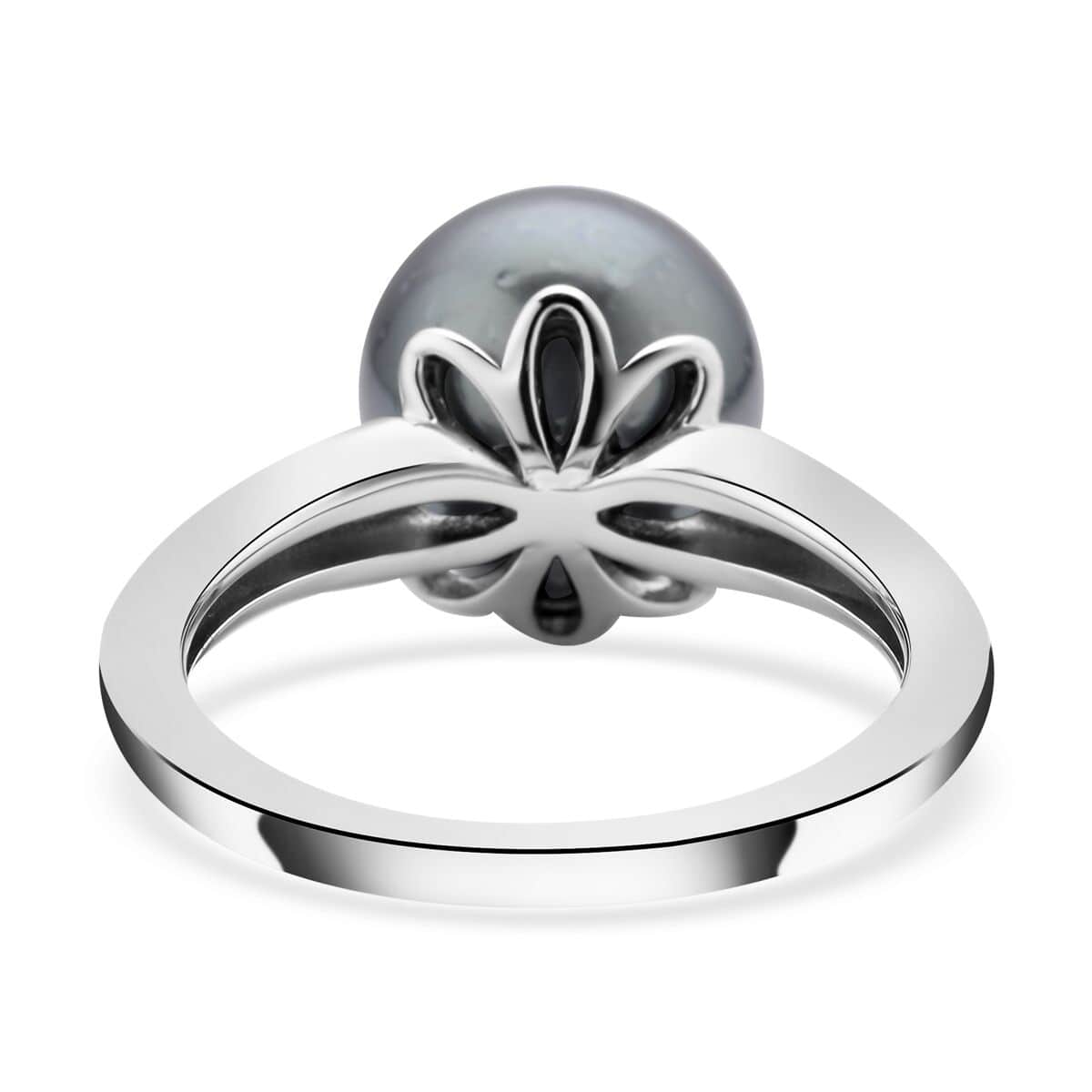 Tahitian Cultured Pearl and Solitaire Ring in Platinum Over Sterling Silver (Size 10.0) image number 4
