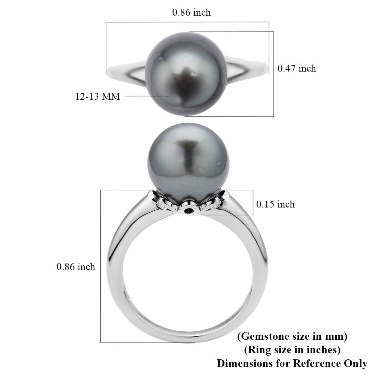 Tahitian Cultured Pearl and Solitaire Ring in Platinum Over Sterling Silver (Size 10.0) image number 5