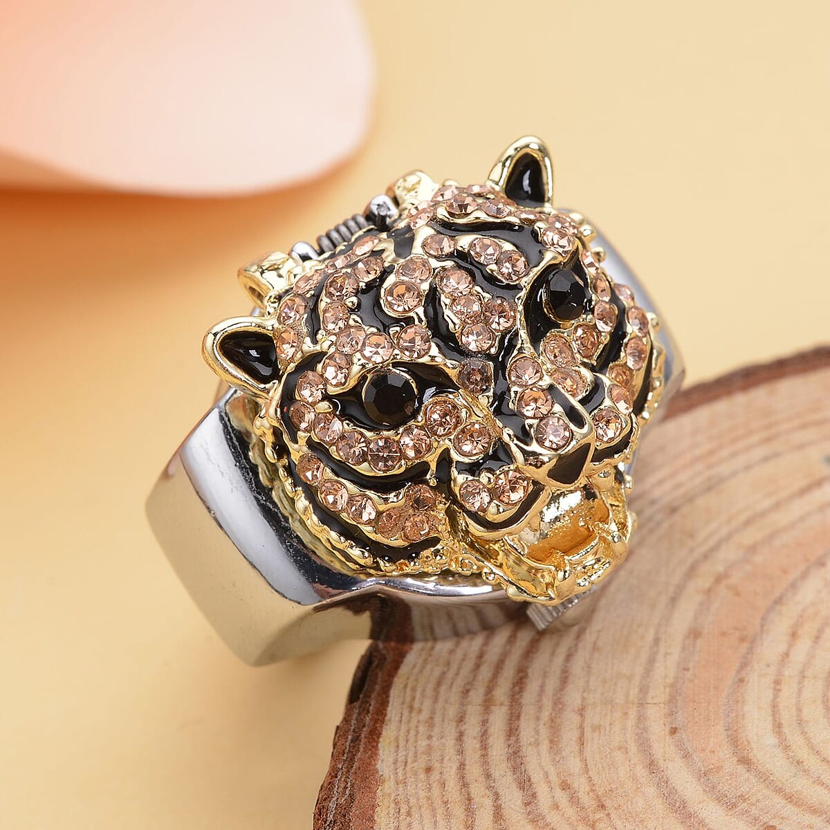Strada Champagne and Black Austrian Crystal, Enameled Japanese Movement Tiger Head Pattern Ring Watch in Stainless Steel (5.0-7.0In) image number 1