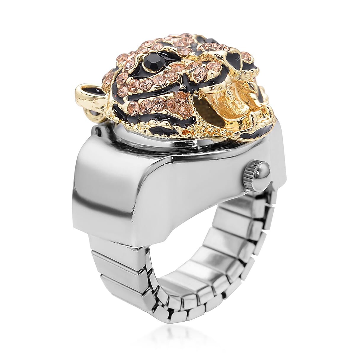 Strada Champagne and Black Austrian Crystal, Enameled Japanese Movement Tiger Head Pattern Ring Watch in Stainless Steel (5.0-7.0In) image number 3
