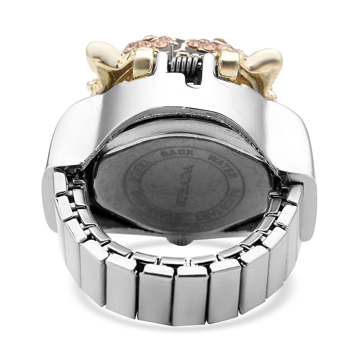 Strada Champagne and Black Austrian Crystal, Enameled Japanese Movement Tiger Head Pattern Ring Watch in Stainless Steel (5.0-7.0In) image number 4