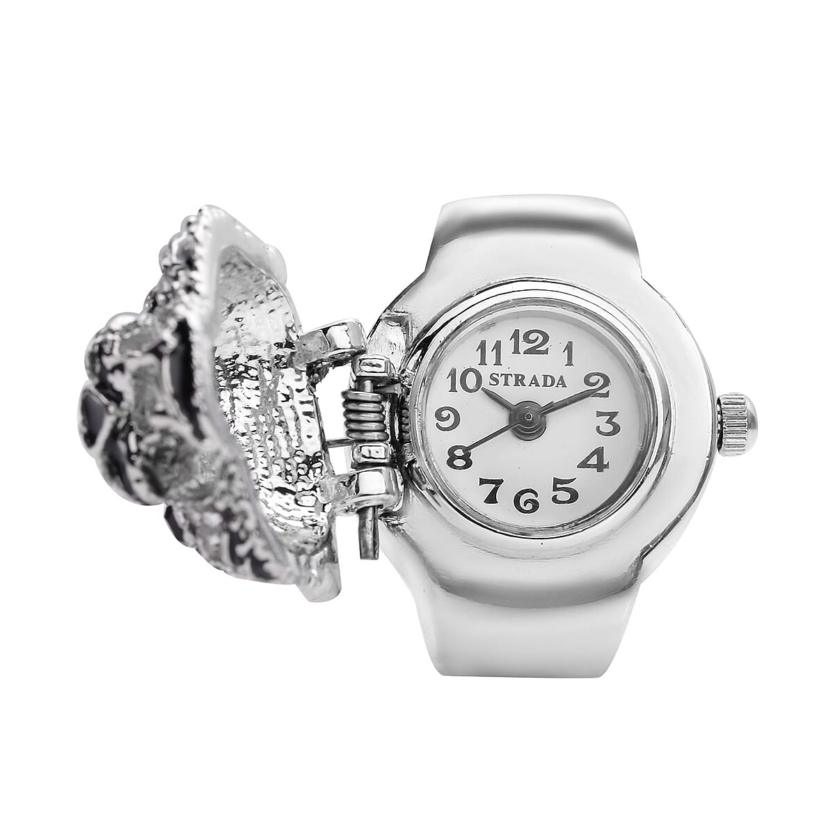 Strada Champagne and Black Austrian Crystal, Enameled Japanese Movement Tiger Head Pattern Ring Watch in Stainless Steel (5.0-7.0In) image number 5