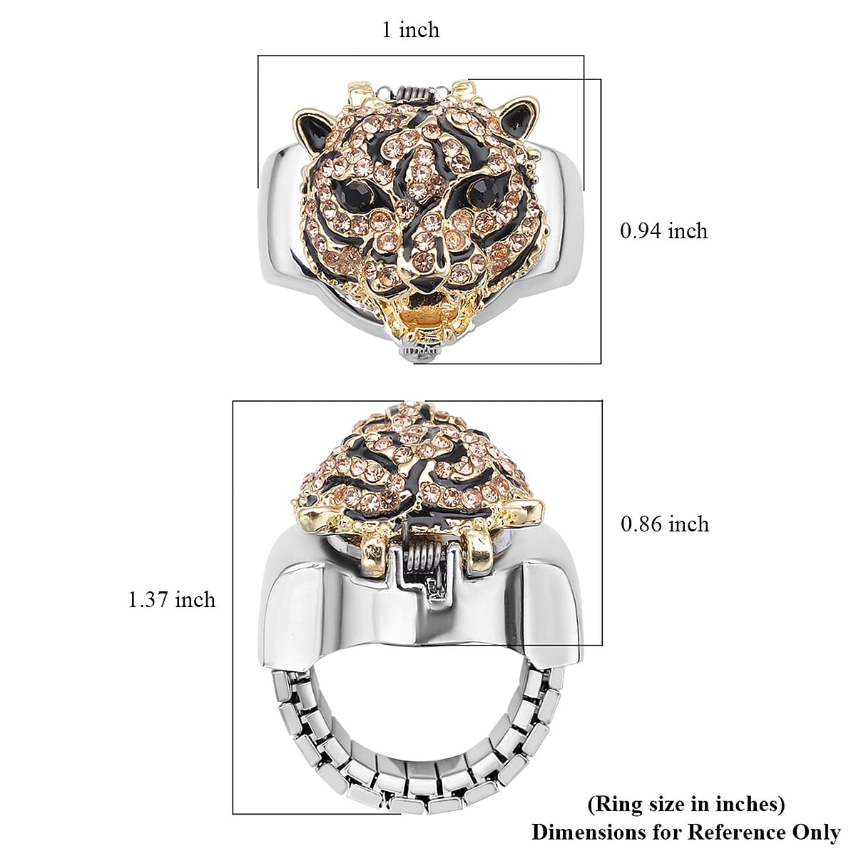 Strada Champagne and Black Austrian Crystal, Enameled Japanese Movement Tiger Head Pattern Ring Watch in Stainless Steel (5.0-7.0In) image number 6