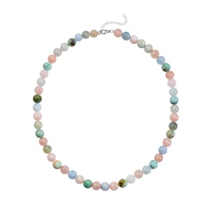 Peru Turquoise, Pink Morganite, Aquamarine and Heliodor Beaded Necklace 20-22 Inches in Rhodium Over Sterling Silver 387.00 ctw