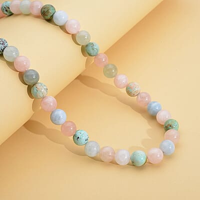 Peru Turquoise, Pink Morganite, Aquamarine and Heliodor Beaded Necklace 20-22 Inches in Rhodium Over Sterling Silver 387.00 ctw