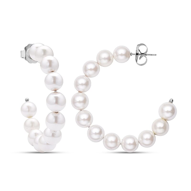 White Shell Pearl Hoop Earrings in Stainless Steel