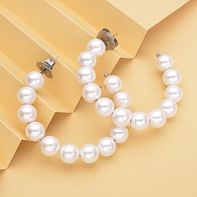 White Shell Pearl Hoop Earrings in Stainless Steel