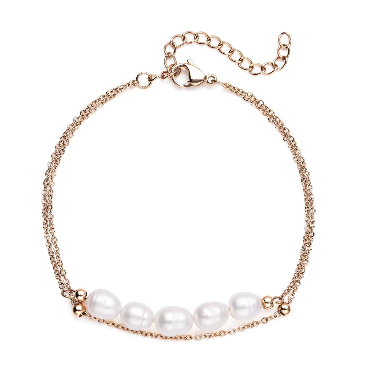 White Freshwater Cultured Pearl Anklet (8-11 In) in ION Plated Rose Gold Stainless Steel image number 0