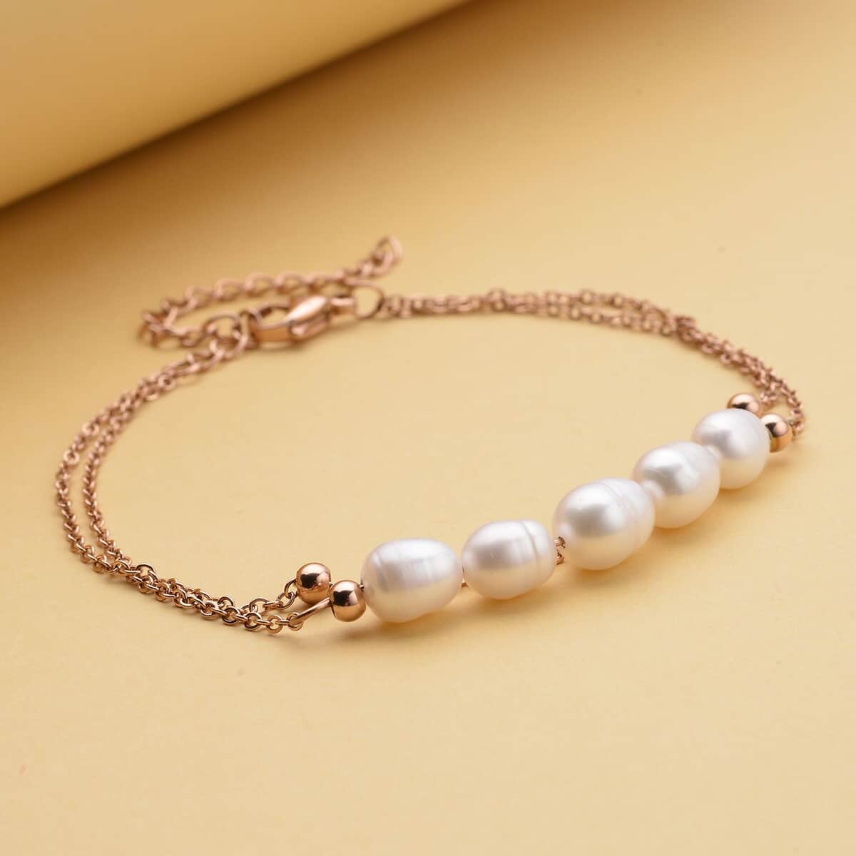 White Freshwater Cultured Pearl Anklet (8-11 In) in ION Plated Rose Gold Stainless Steel image number 1