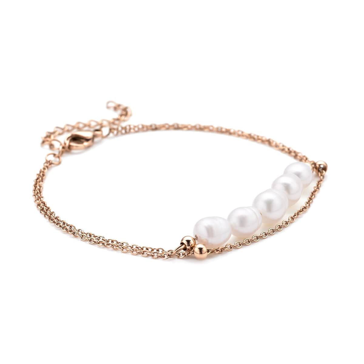 White Freshwater Cultured Pearl Anklet (8-11 In) in ION Plated Rose Gold Stainless Steel image number 2