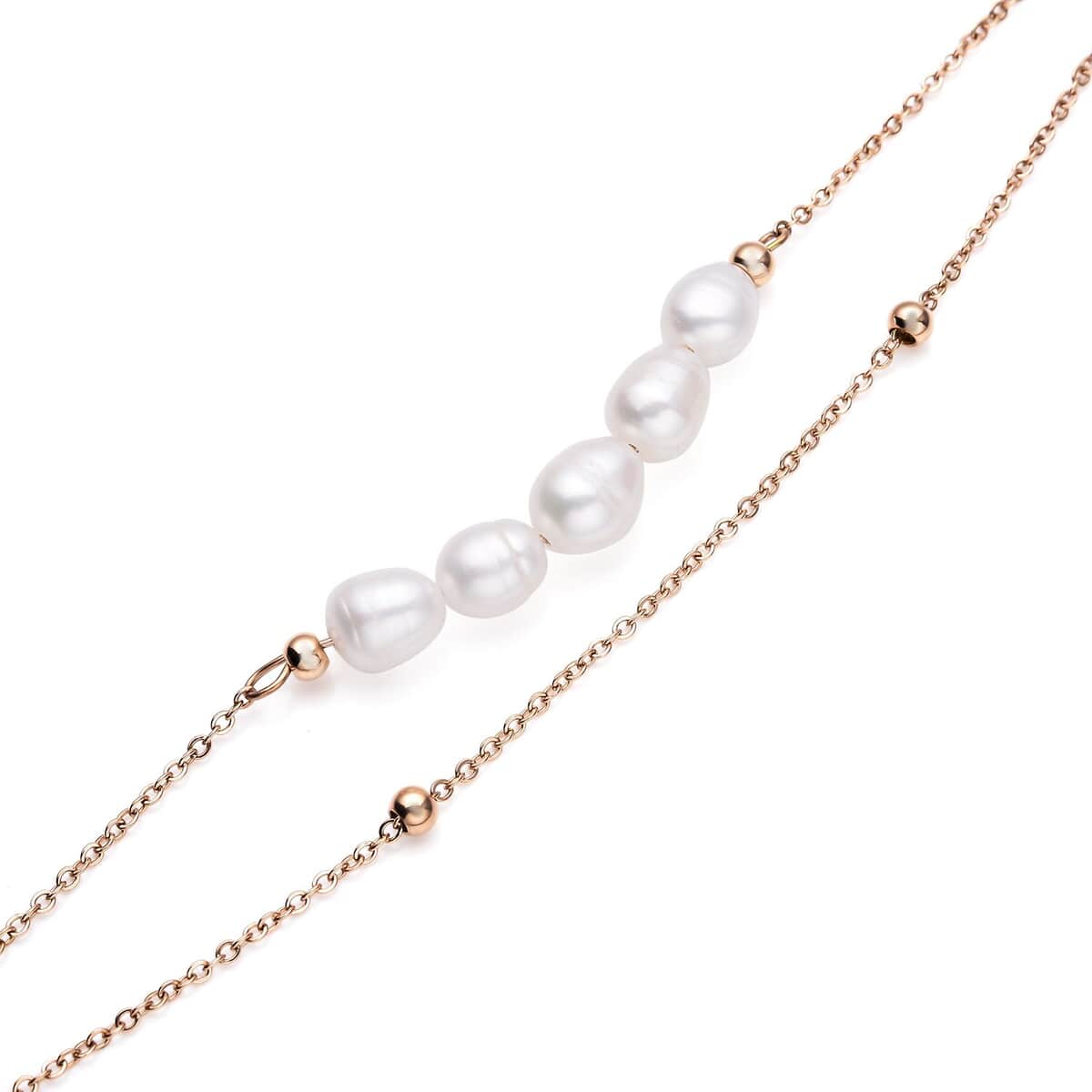White Freshwater Cultured Pearl Anklet (8-11 In) in ION Plated Rose Gold Stainless Steel image number 3