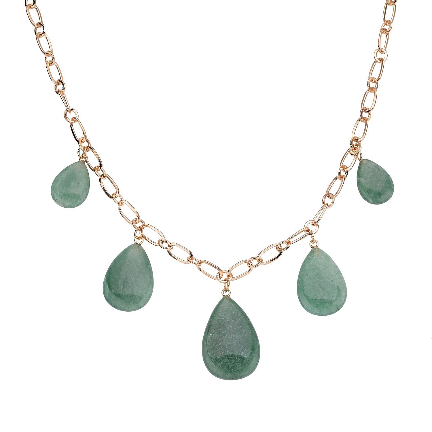 Green Aventurine 5 Stone with Paper Clip Chain Necklace 20-22 Inches in Goldtone 85.00 ctw