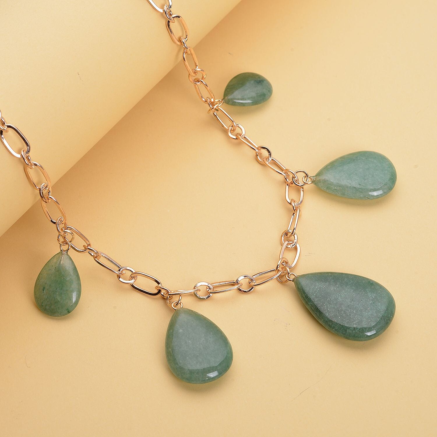 Green Aventurine 5 Stone with Paper Clip Chain Necklace 20-22 Inches in Goldtone 85.00 ctw