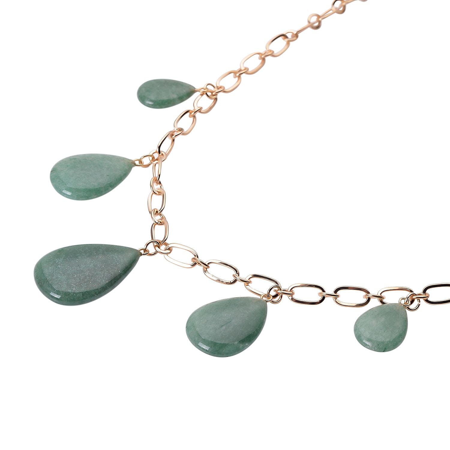 Green Aventurine 5 Stone with Paper Clip Chain Necklace 20-22 Inches in Goldtone 85.00 ctw