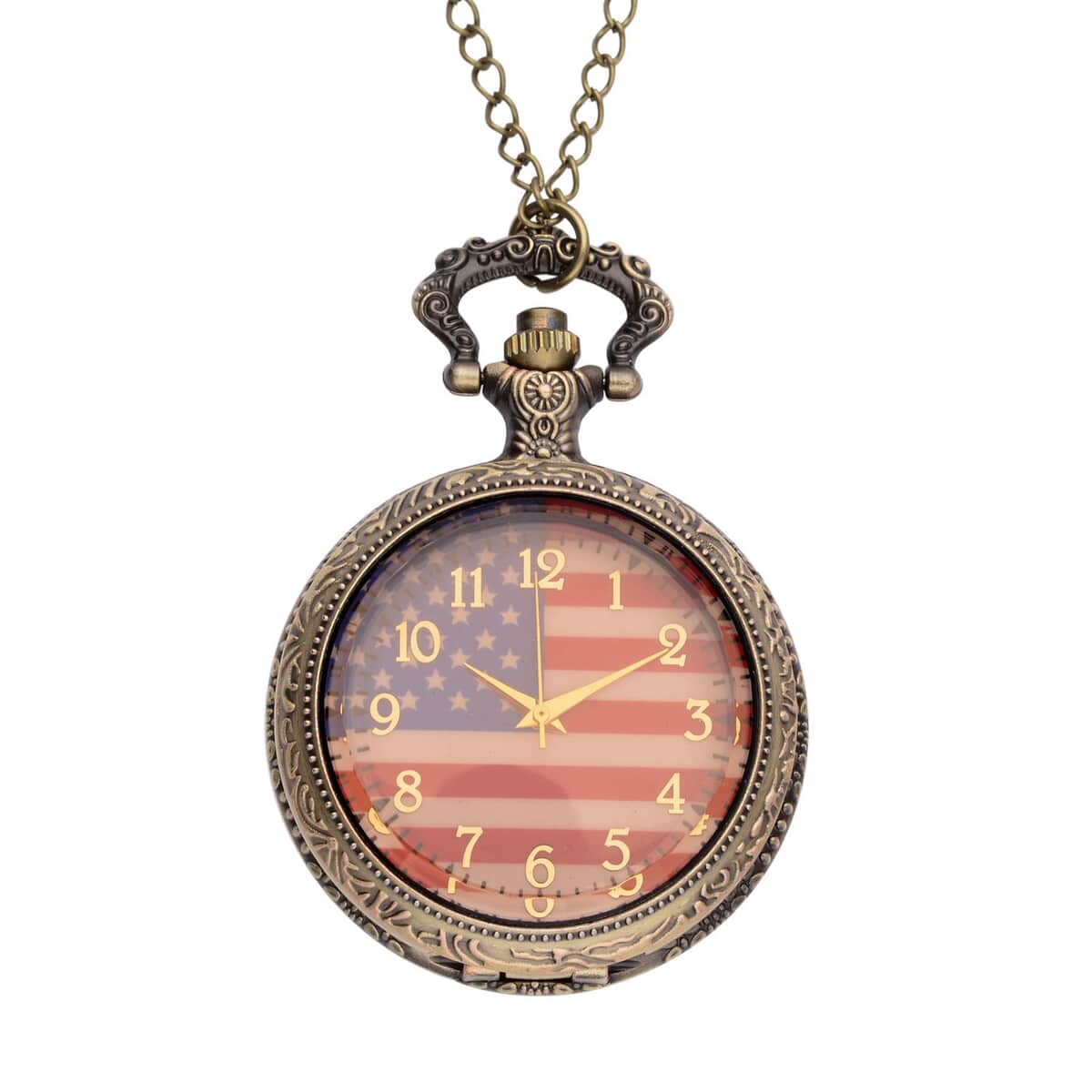 Strada Glass Japanese Movement American Flag Pattern Pocket Watch with Chain (31 Inches) in Goldtone image number 0