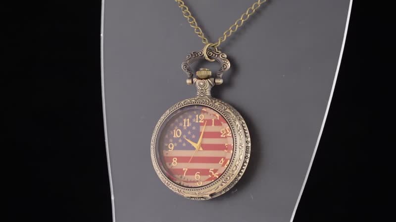 STRADA Glass Japanese Movement American Flag Pattern Pocket Watch with Chain (31 Inches) in Goldtone