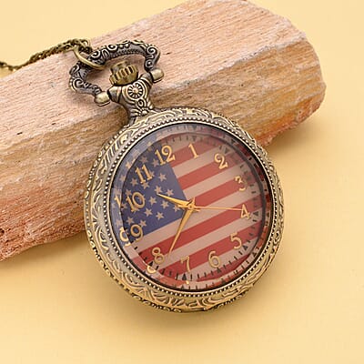 Strada Glass Japanese Movement American Flag Pattern Pocket Watch with Chain (31 Inches) in Goldtone