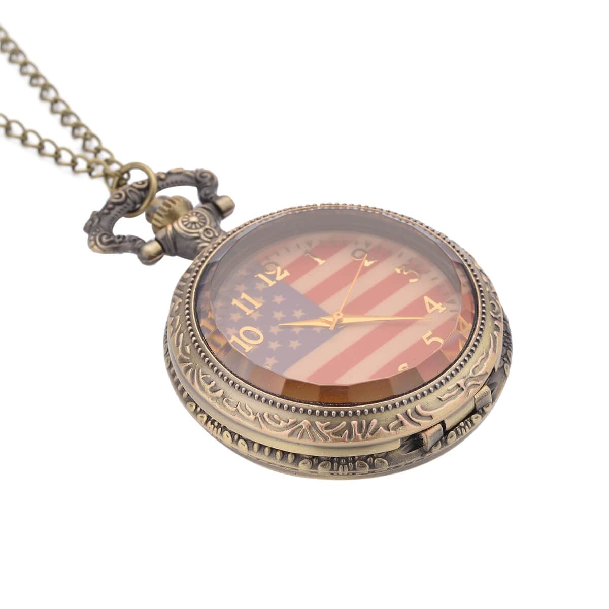 Strada Glass Japanese Movement American Flag Pattern Pocket Watch with Chain (31 Inches) in Goldtone image number 2