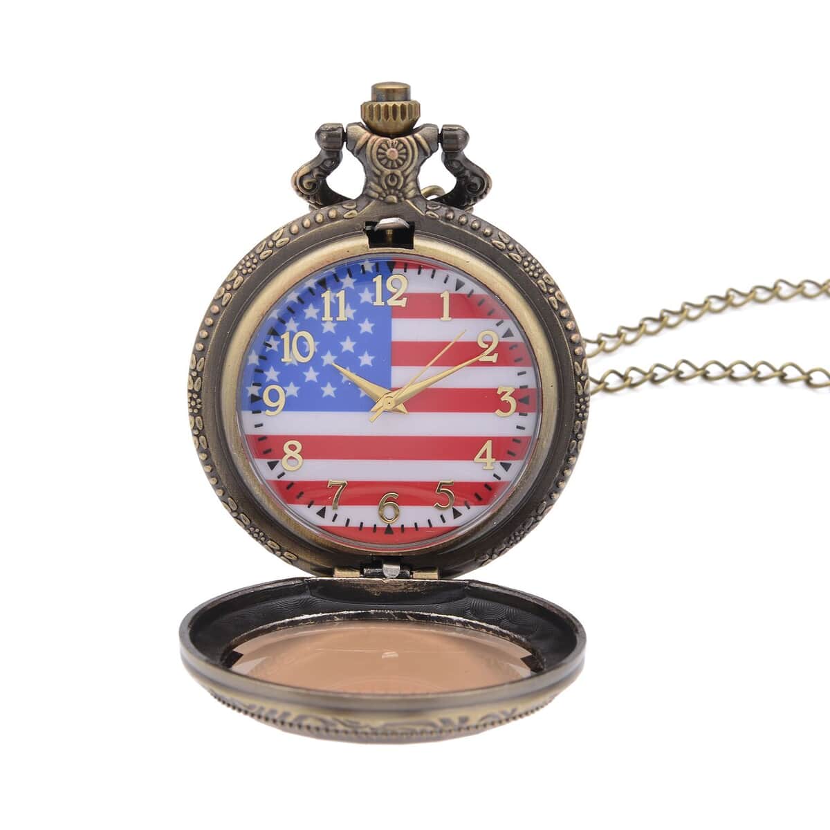 Strada Glass Japanese Movement American Flag Pattern Pocket Watch with Chain (31 Inches) in Goldtone image number 4