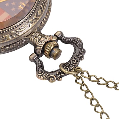 Strada Glass Japanese Movement American Flag Pattern Pocket Watch with Chain (31 Inches) in Goldtone