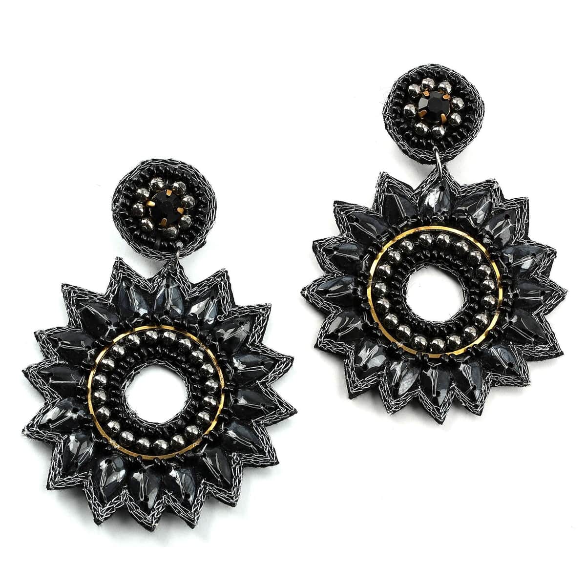 Handcrafted Black Seed Beaded Floral Earrings in Black Silvertone image number 0