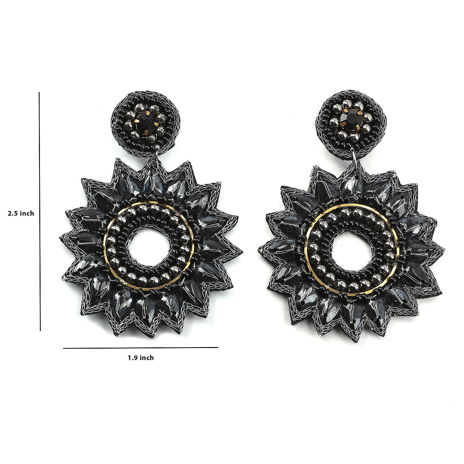 Handcrafted Black Seed Beaded Floral Earrings in Black Silvertone