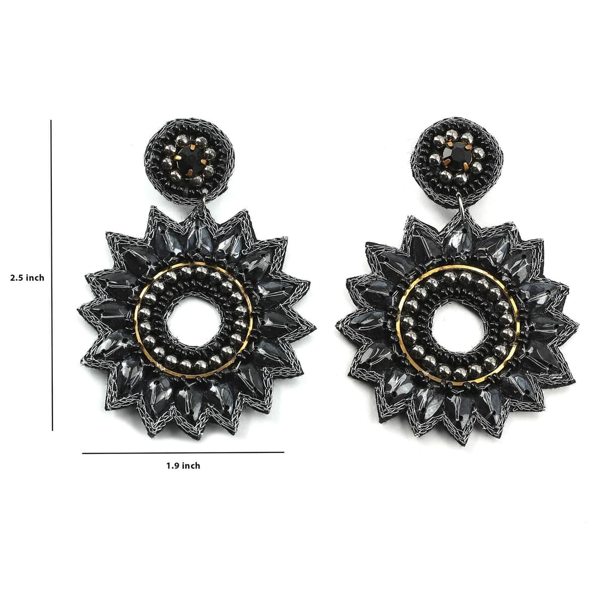 Handcrafted Black Seed Beaded Floral Earrings in Black Silvertone image number 2