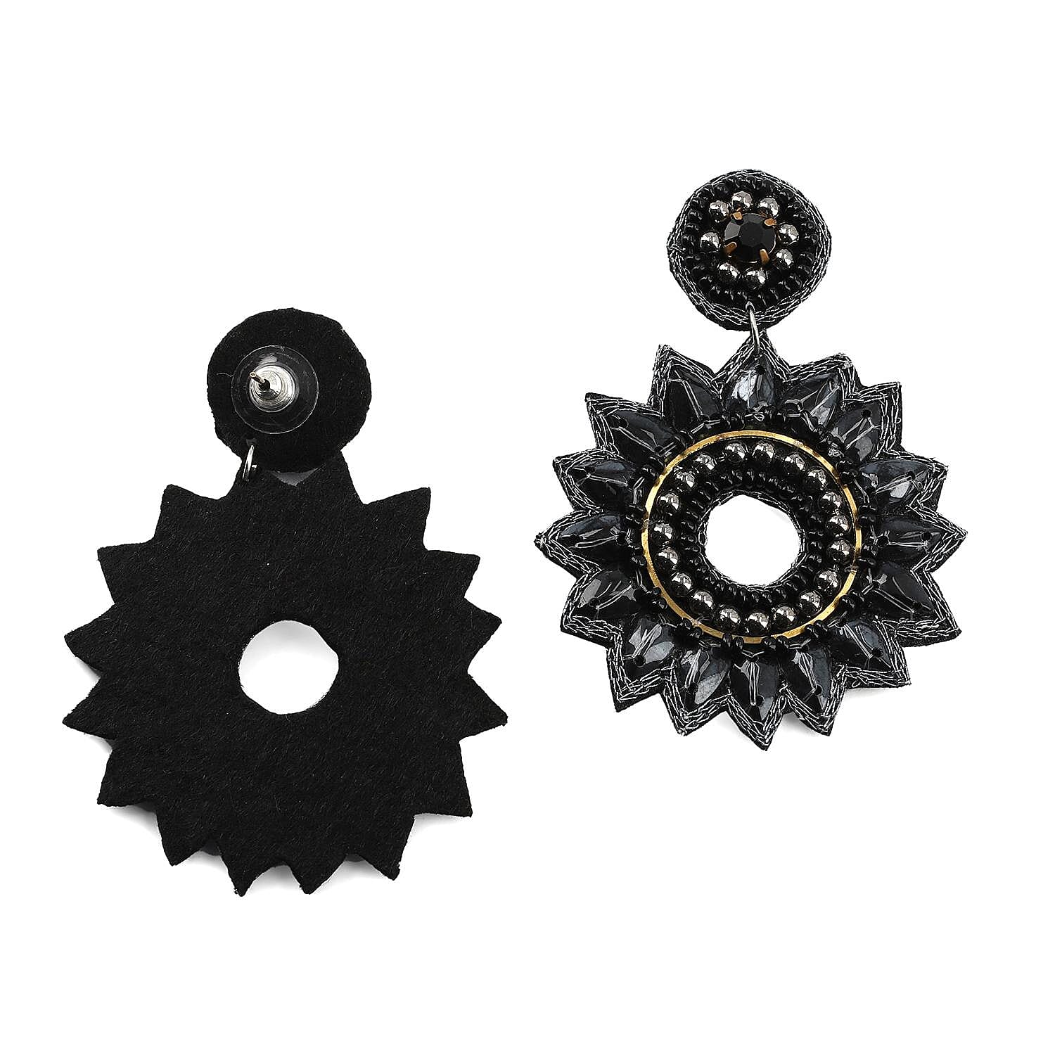 Handcrafted Black Seed Beaded Floral Earrings in Black Silvertone