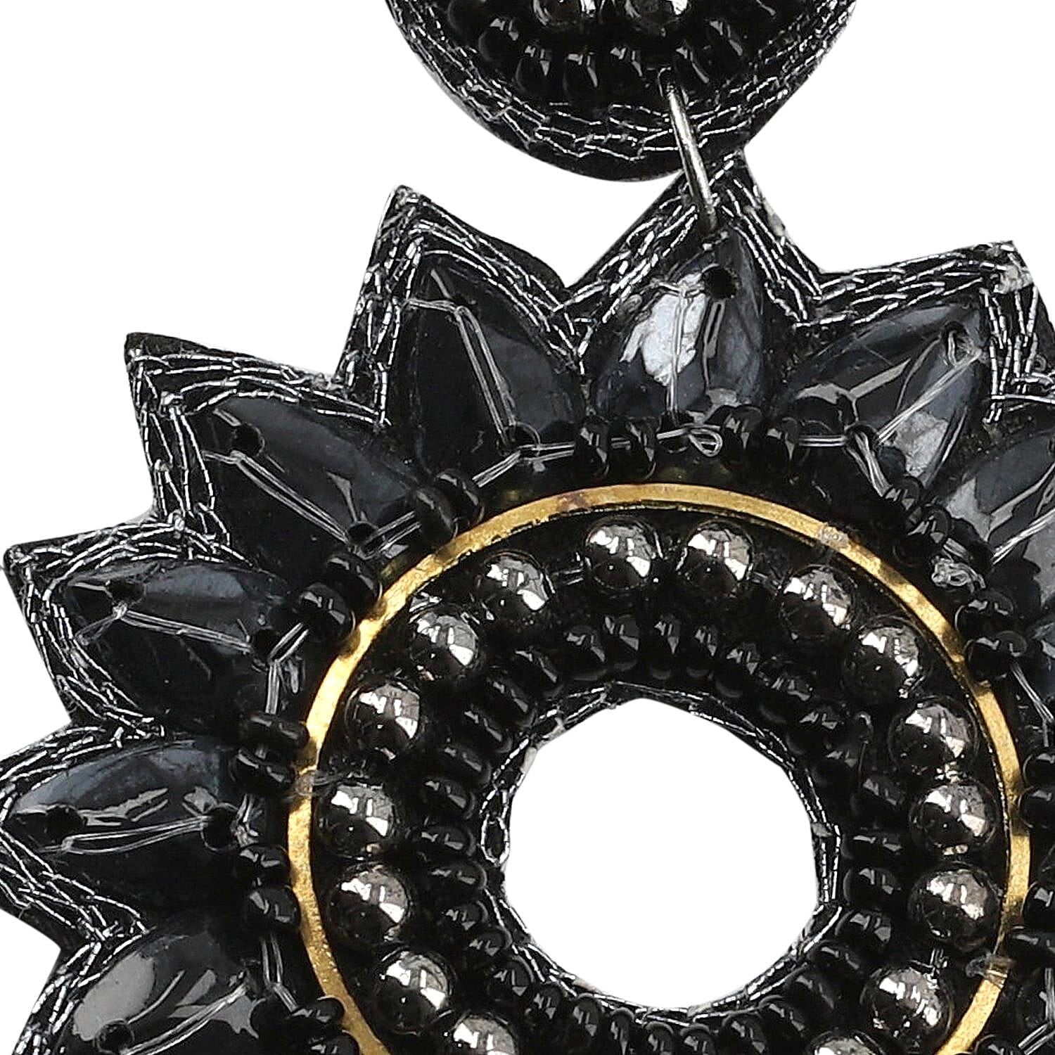 Handcrafted Black Seed Beaded Floral Earrings in Black Silvertone