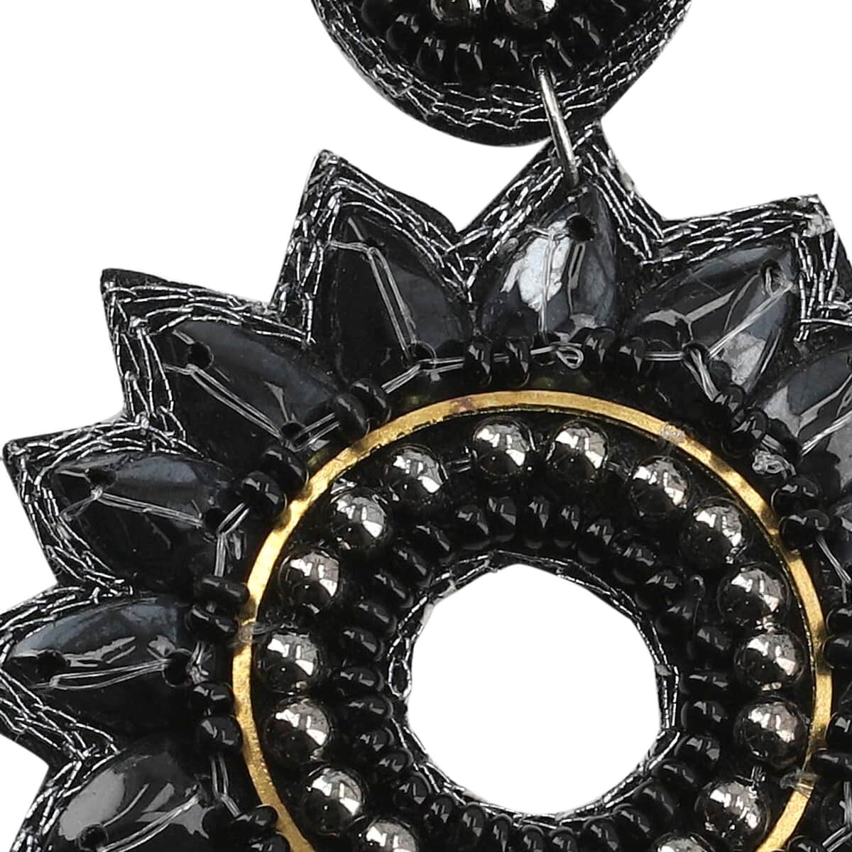 Handcrafted Black Seed Beaded Floral Earrings in Black Silvertone image number 4