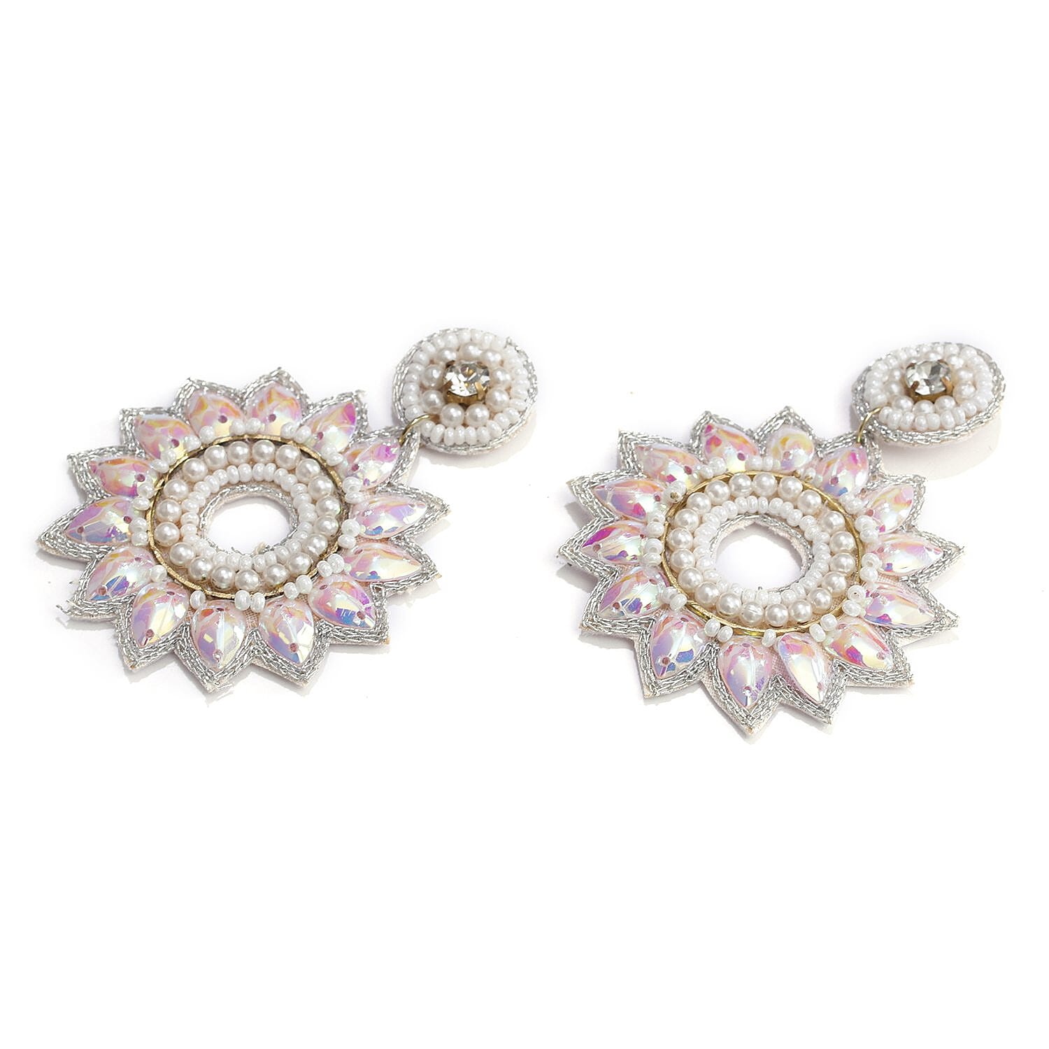 Handcrafted White Seed Beaded Floral Design Earrings in Goldtone