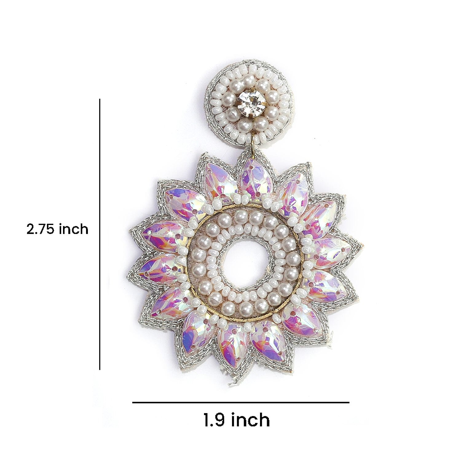 Handcrafted White Seed Beaded Floral Design Earrings in Goldtone