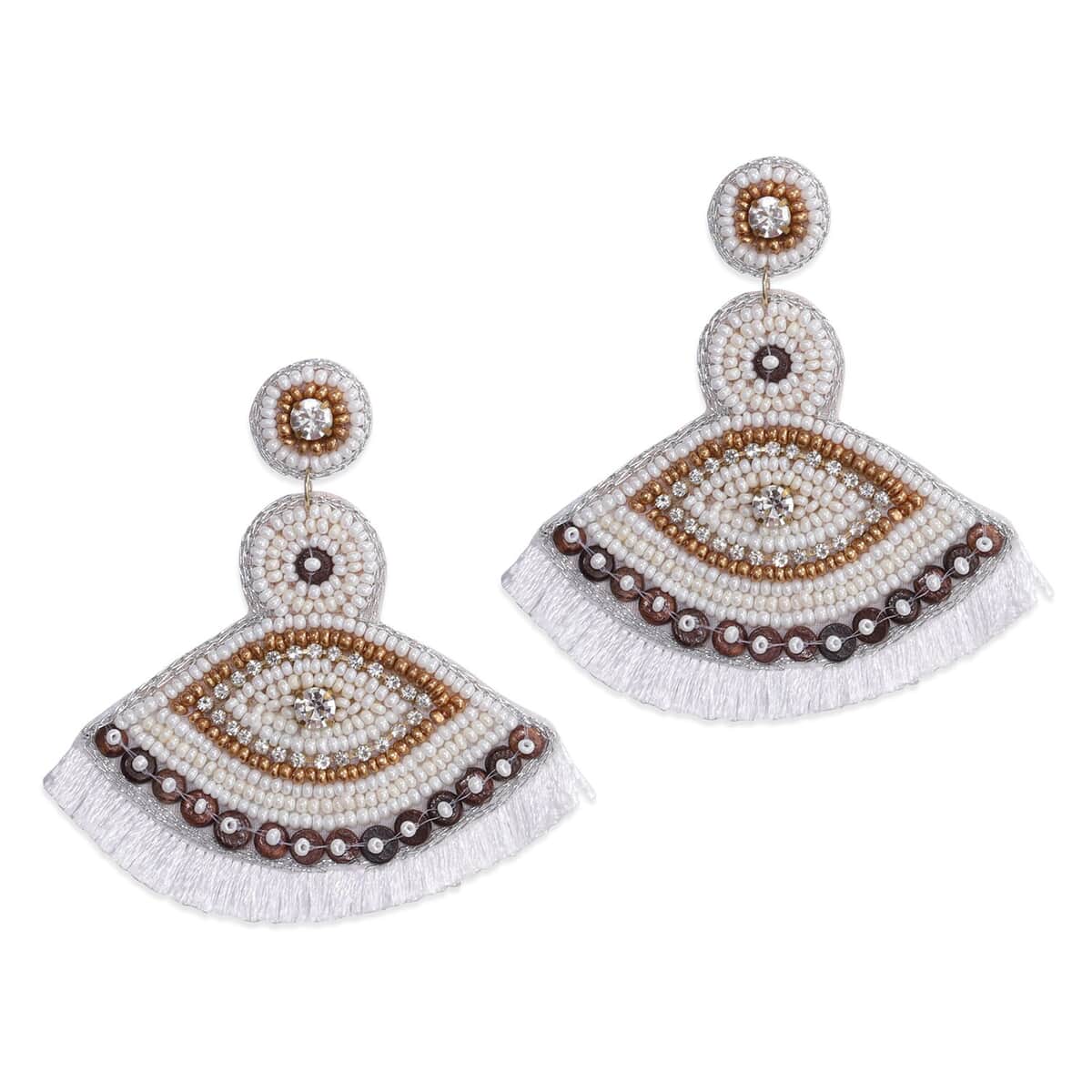 Handcrafted White Seed Beaded Evil Eye Theme Earrings in Goldtone image number 0