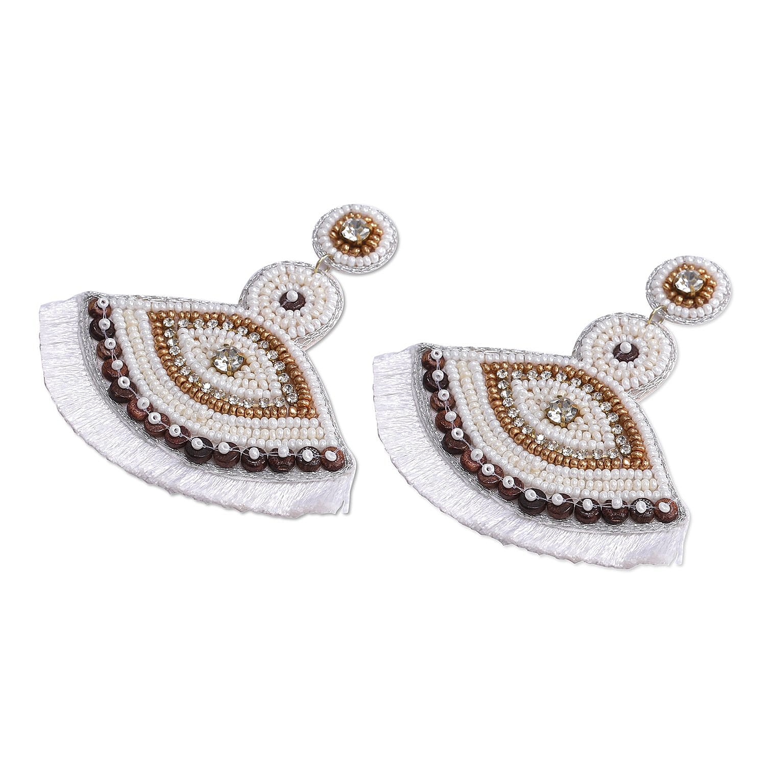 Handcrafted White Seed Beaded Evil Eye Theme Earrings in Goldtone