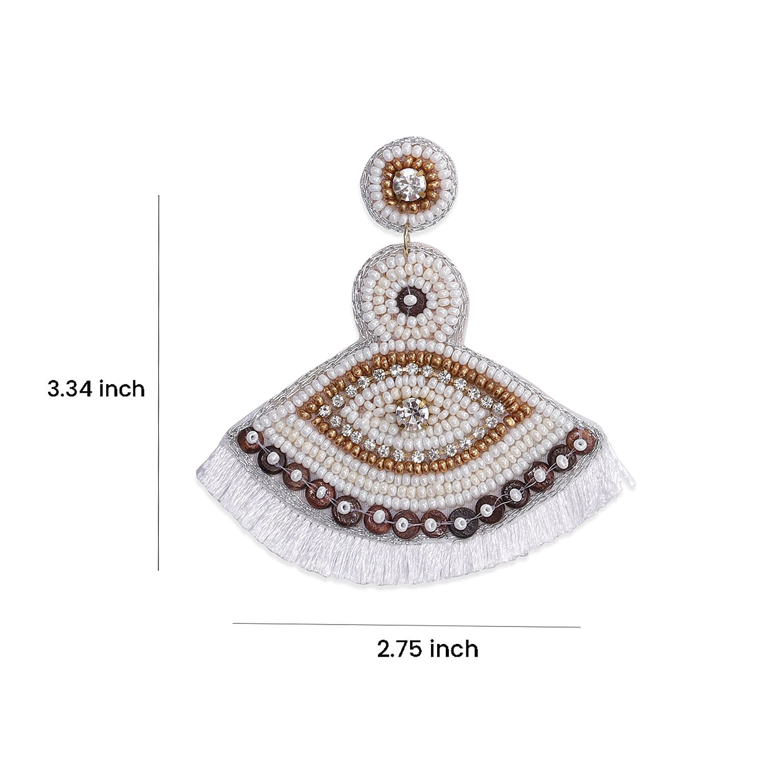Handcrafted White Seed Beaded Evil Eye Theme Earrings in Goldtone