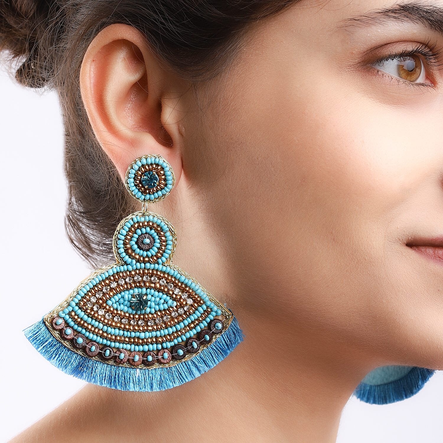 Handcrafted Turquoise Seed Beaded Evil Eye Theme Earrings in Goldtone