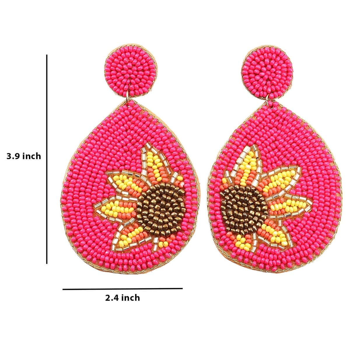Handcrafted Magenta Seed Beaded Sunflower Design Earrings in Goldtone image number 2