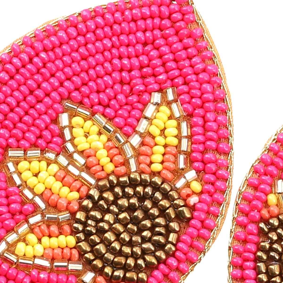 Handcrafted Magenta Seed Beaded Sunflower Design Earrings in Goldtone image number 3