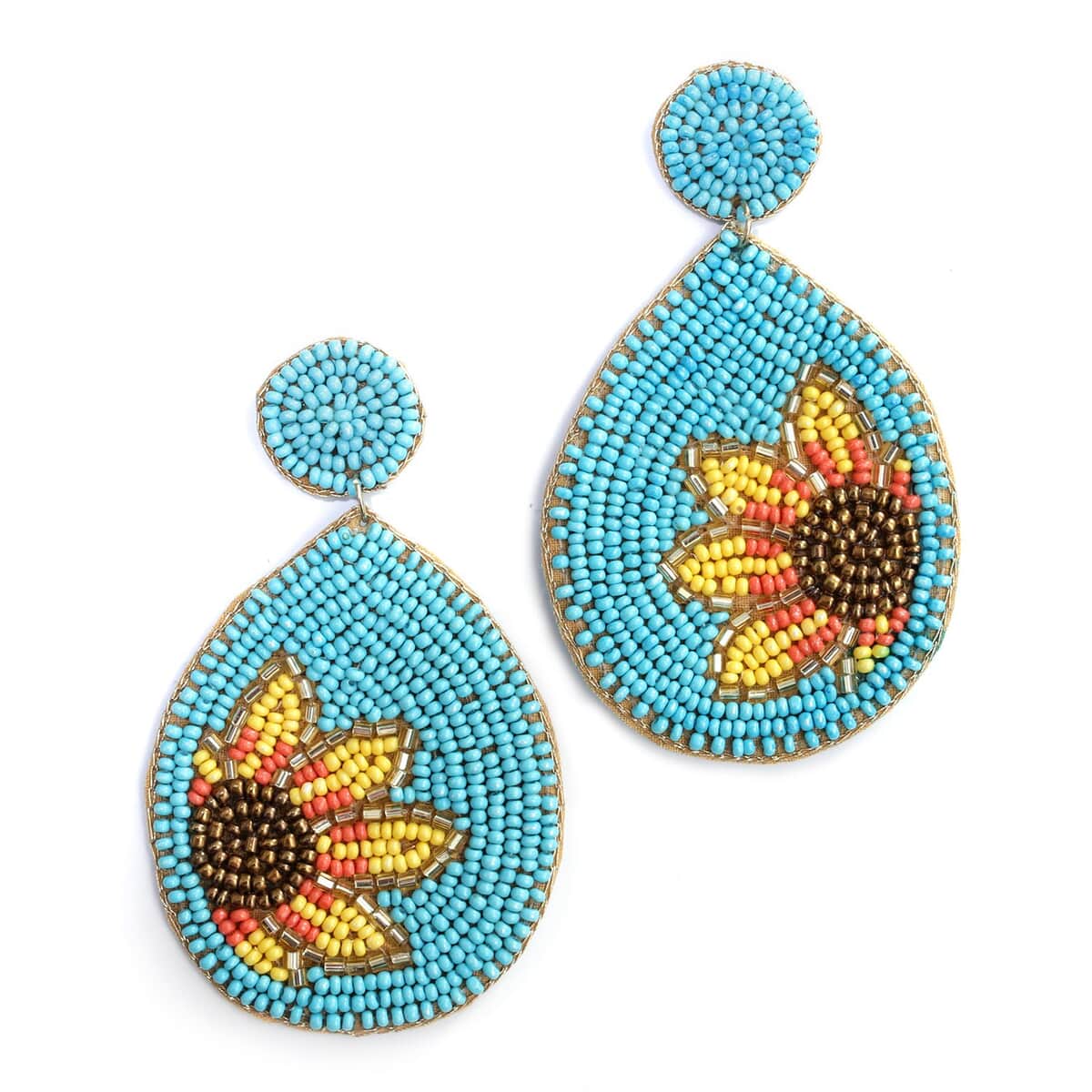 Handcrafted Turquoise Seed Beaded Sunflower Design Earrings in Goldtone image number 0