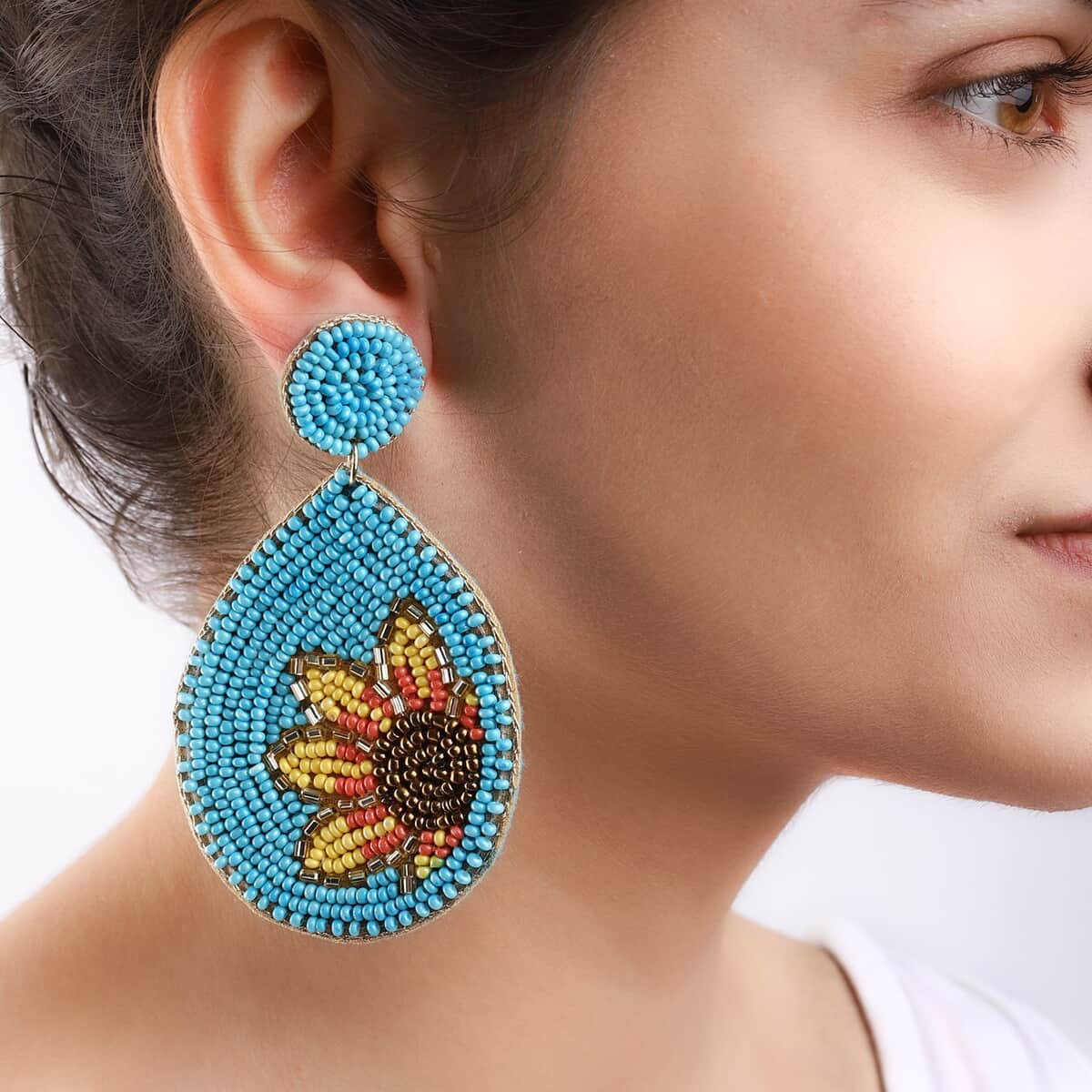 Handcrafted Turquoise Seed Beaded Sunflower Design Earrings in Goldtone image number 2