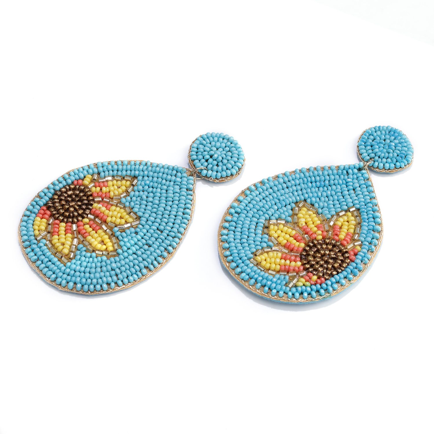 Handcrafted Turquoise Seed Beaded Sunflower Design Earrings in Goldtone