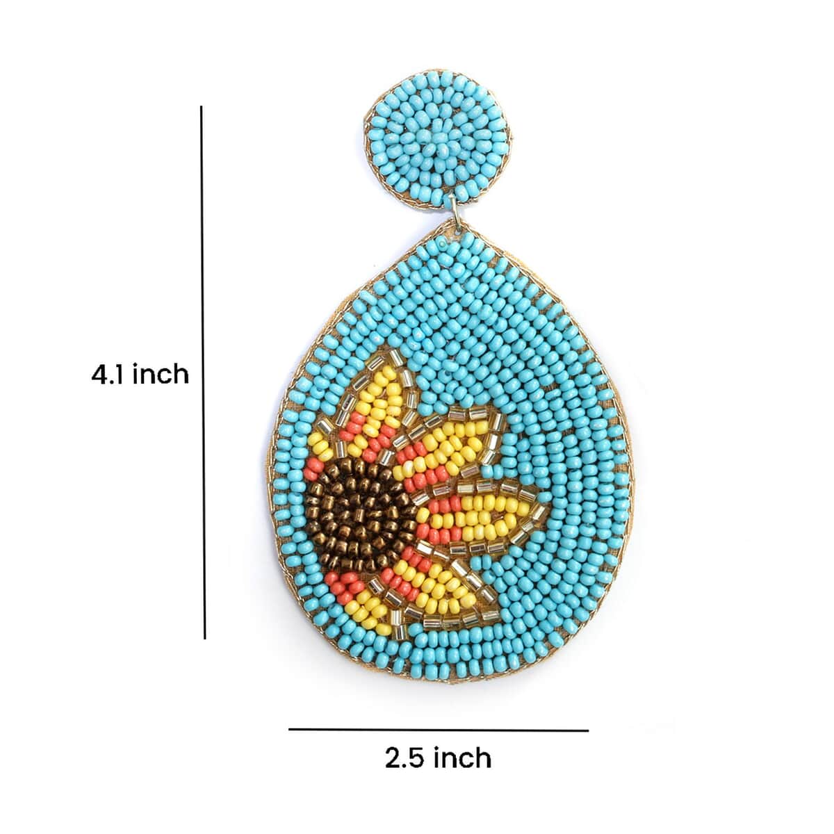 Handcrafted Turquoise Seed Beaded Sunflower Design Earrings in Goldtone image number 5