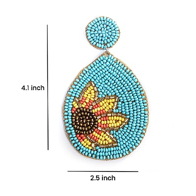 Handcrafted Turquoise Seed Beaded Sunflower Design Earrings in Goldtone