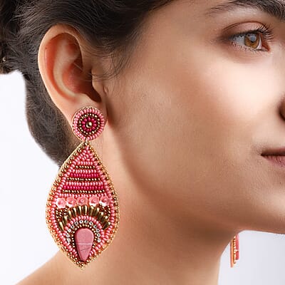 Handcrafted Peach Seed Beaded Fish Eye Theme Earrings in Goldtone