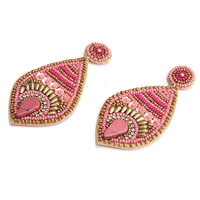 Handcrafted Peach Seed Beaded Fish Eye Theme Earrings in Goldtone