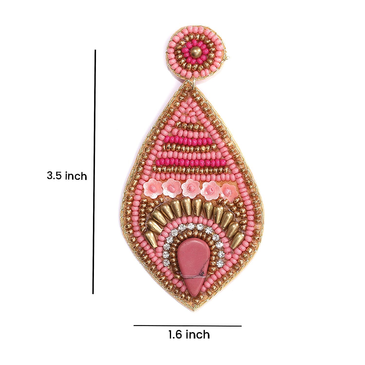 Handcrafted Peach Seed Beaded Fish Eye Theme Earrings in Goldtone