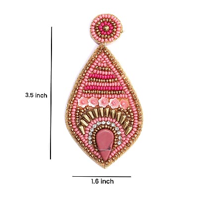 Handcrafted Peach Seed Beaded Fish Eye Theme Earrings in Goldtone