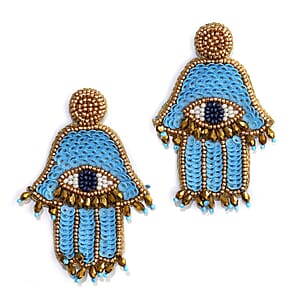 Handcrafted Turquoise Seed Beaded Hamsa Design Earrings in Goldtone